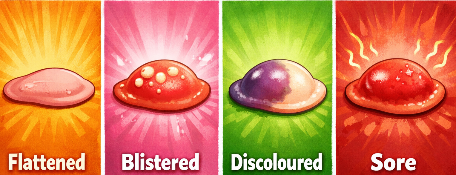 Illustration showing nipple changes after feeding including flattened, blistered, discoloured, and sore conditions often linked to Lip Tie and poor latch issues