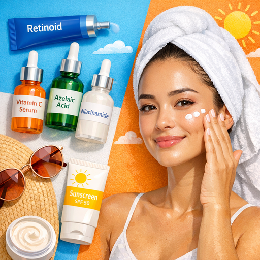 Clean skincare image showing acne scar treatment products including retinoid cream, vitamin C, niacinamide serum, azelaic acid, and SPF sunscreen
