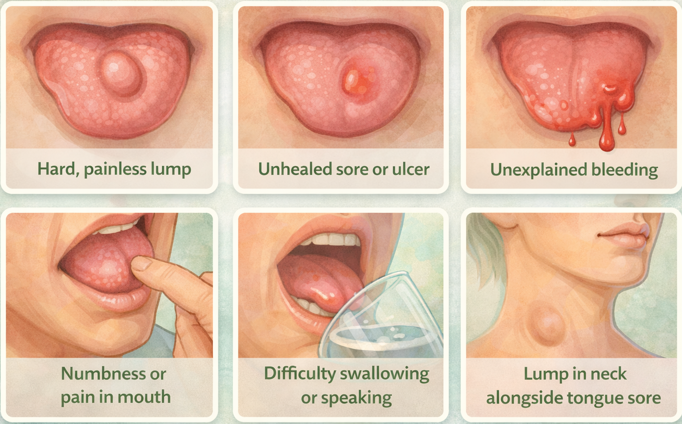 Illustration showing warning signs of tongue problems including hard painless lump, unhealed ulcer, unexplained bleeding, mouth numbness or pain, difficulty swallowing or speaking, and lump in neck alongside tongue sore