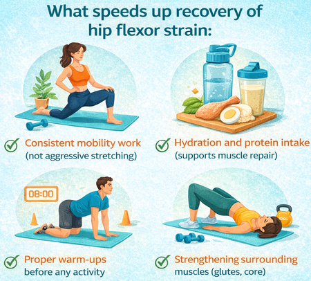 Infographic showing recovery tips for Hip Flexor Strain