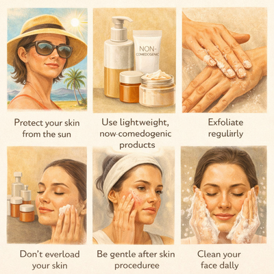 Illustration showing six skincare habits to help prevent milia