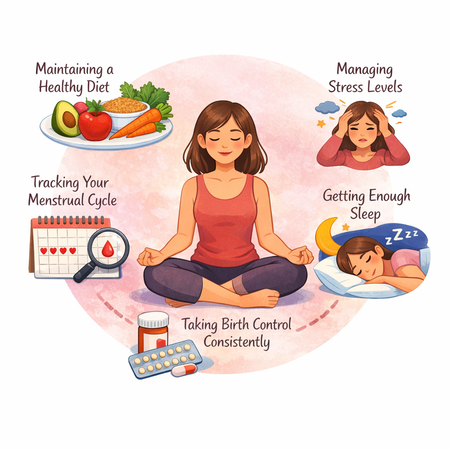 Illustration showing a woman sitting in meditation with visuals of healthy diet, stress relief, period tracking calendar, sleep, and birth control pills related to menstrual health support.