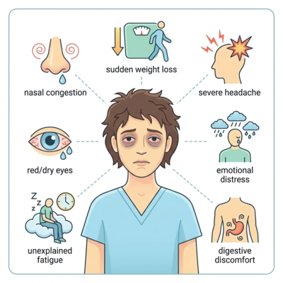 Illustration of a person with sunken eyes and dark circles surrounded by symptoms