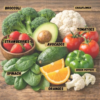 Assorted glutathione-boosting foods such as broccoli, spinach, avocados, strawberries, tomatoes, oranges, green peppers, and cauliflower displayed on a wooden surface.