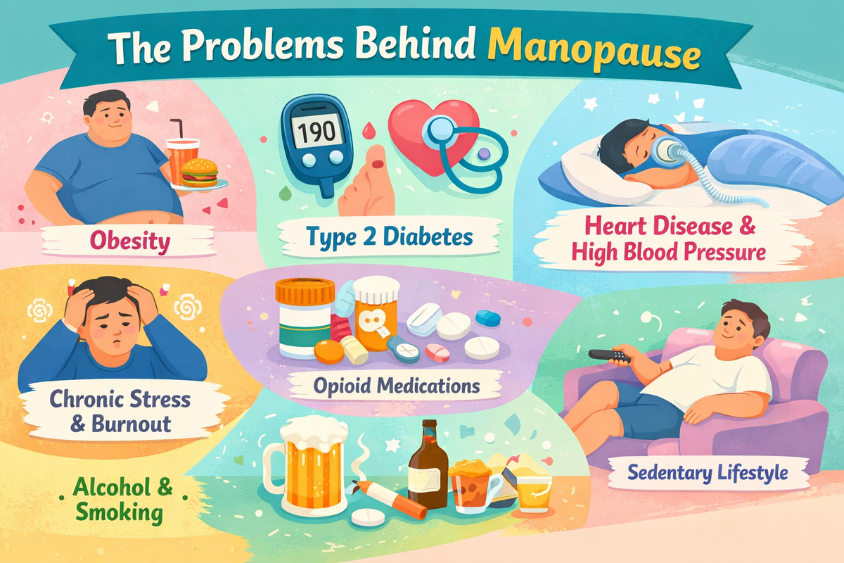 Manopause causes including obesity, diabetes, stress, alcohol use, sedentary lifestyle, and health conditions