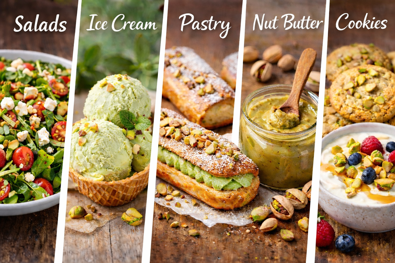 Collage showing pistachios used in different foods.