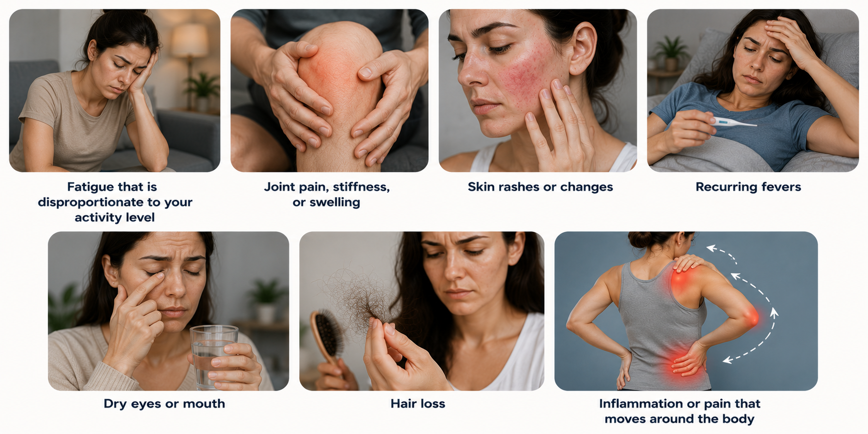 Common symptoms of Autoimmune Conditions, including fatigue, joint pain, skin rashes, recurring fevers, dry eyes or mouth, hair loss, and body inflammation.