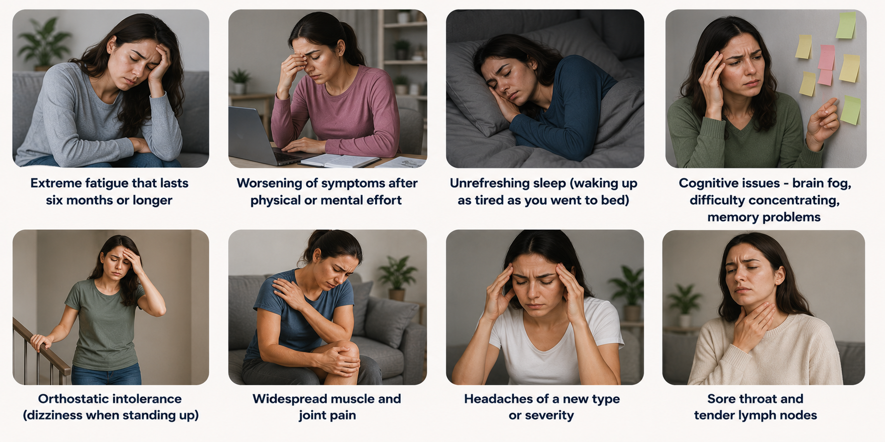 Common symptoms of Chronic Fatigue Syndrome (ME/CFS), including long-term fatigue, brain fog, unrefreshing sleep, dizziness, muscle pain, headaches, and sore throat.