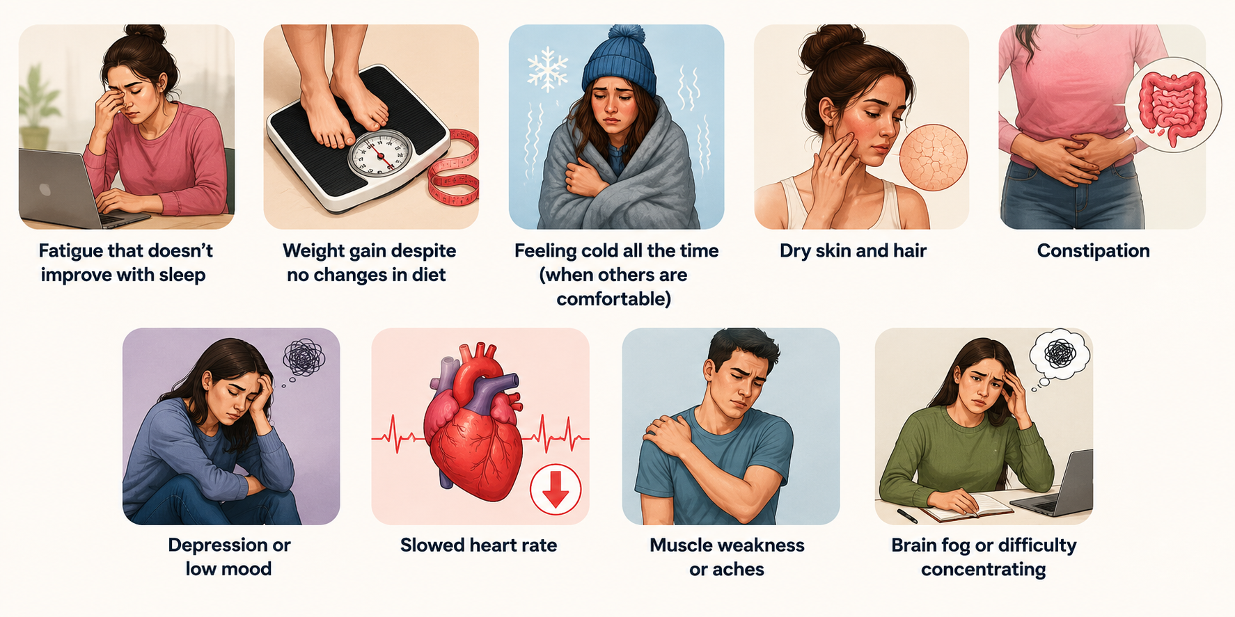 Common symptoms of Hypothyroidism (Underactive Thyroid), including fatigue, weight gain, cold sensitivity, dry skin, constipation, low mood, slowed heart rate, muscle weakness, and brain fog.