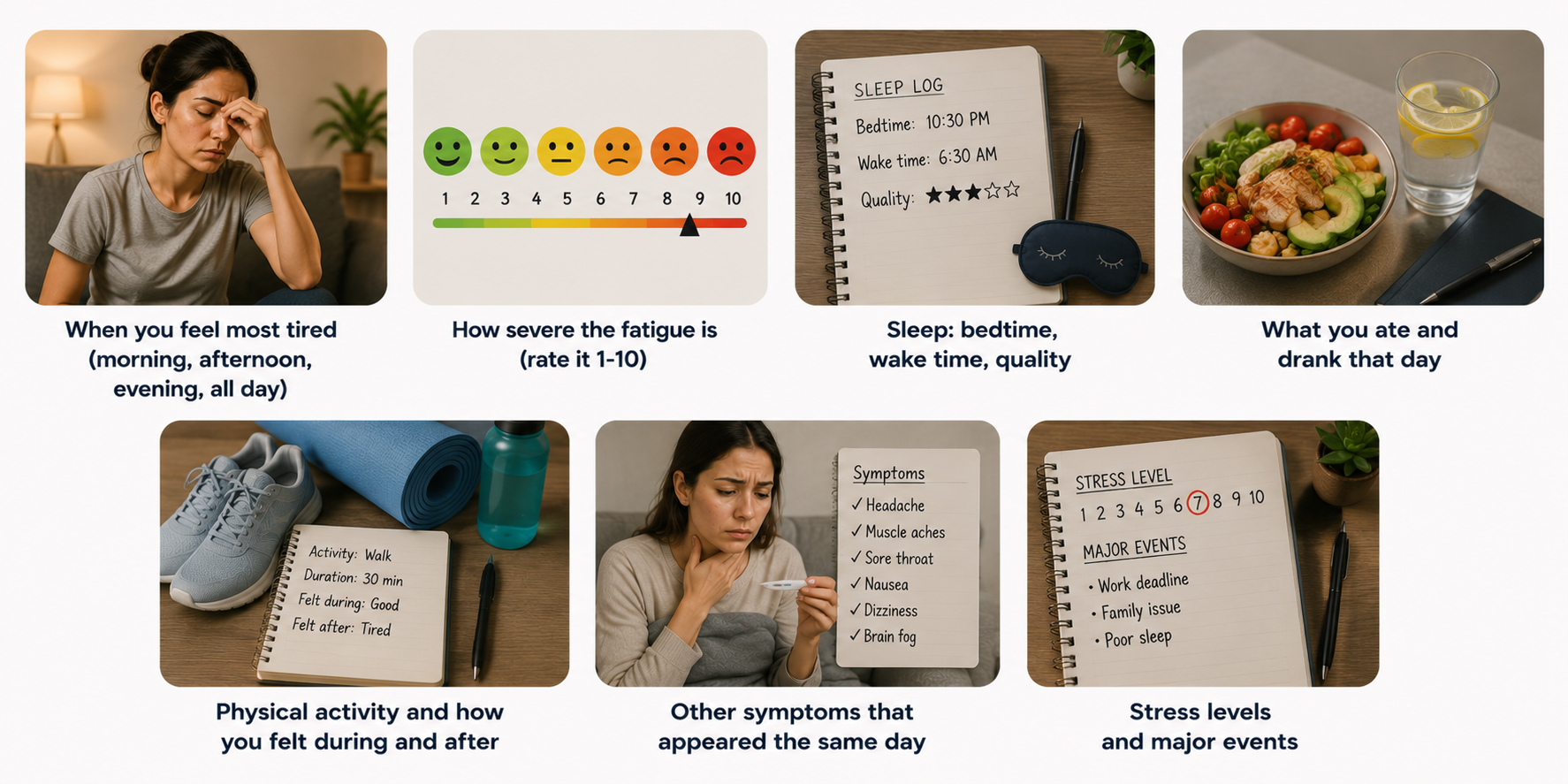How to Track Your Fatigue by monitoring energy levels, sleep quality, diet, physical activity, symptoms, and stress patterns.