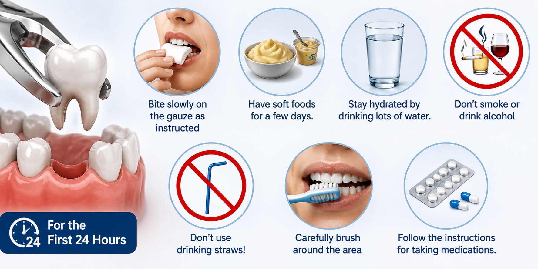 Illustration showing tooth extraction aftercare tips including gauze use, soft foods, hydration, avoiding smoking and straws, careful brushing, and taking medications as instructed during the first 24 hours.