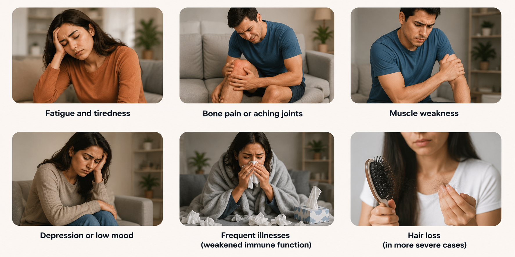 Common symptoms of Vitamin D Deficiency, including fatigue, bone pain, muscle weakness, low mood, frequent illnesses, and hair loss.