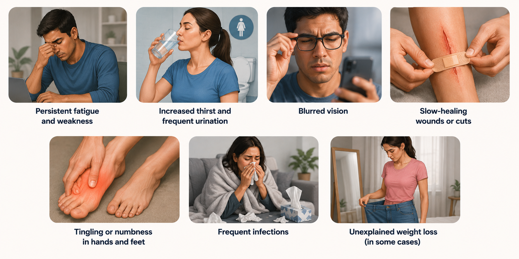 Common symptoms of Type 2 Diabetes, including fatigue, increased thirst, blurred vision, slow-healing wounds, tingling in hands and feet, frequent infections, and unexplained weight loss.