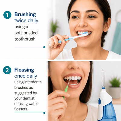 brushing teeth with a soft-bristled toothbrush and another person using an interdental brush alongside a water flosser as part of a daily gingivitis prevention and gum care routine.