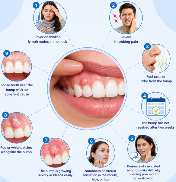 Infographic illustrating when to see a dentist for a bump on the gums