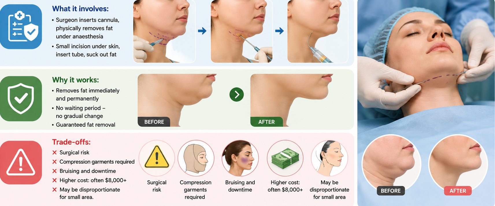 Chin liposuction procedure infographic showing fat removal beneath the chin