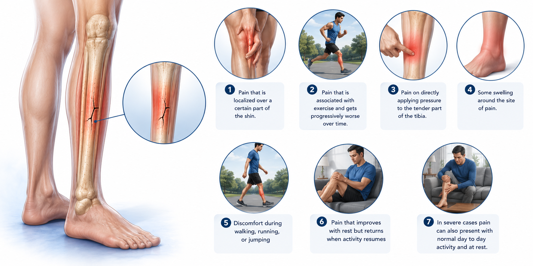 Medical infographic showing common symptoms of a hairline fracture in the shin (tibia)
