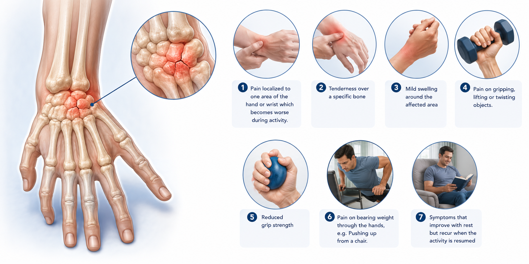 Medical infographic showing common symptoms of a hairline fracture in the wrist or hand