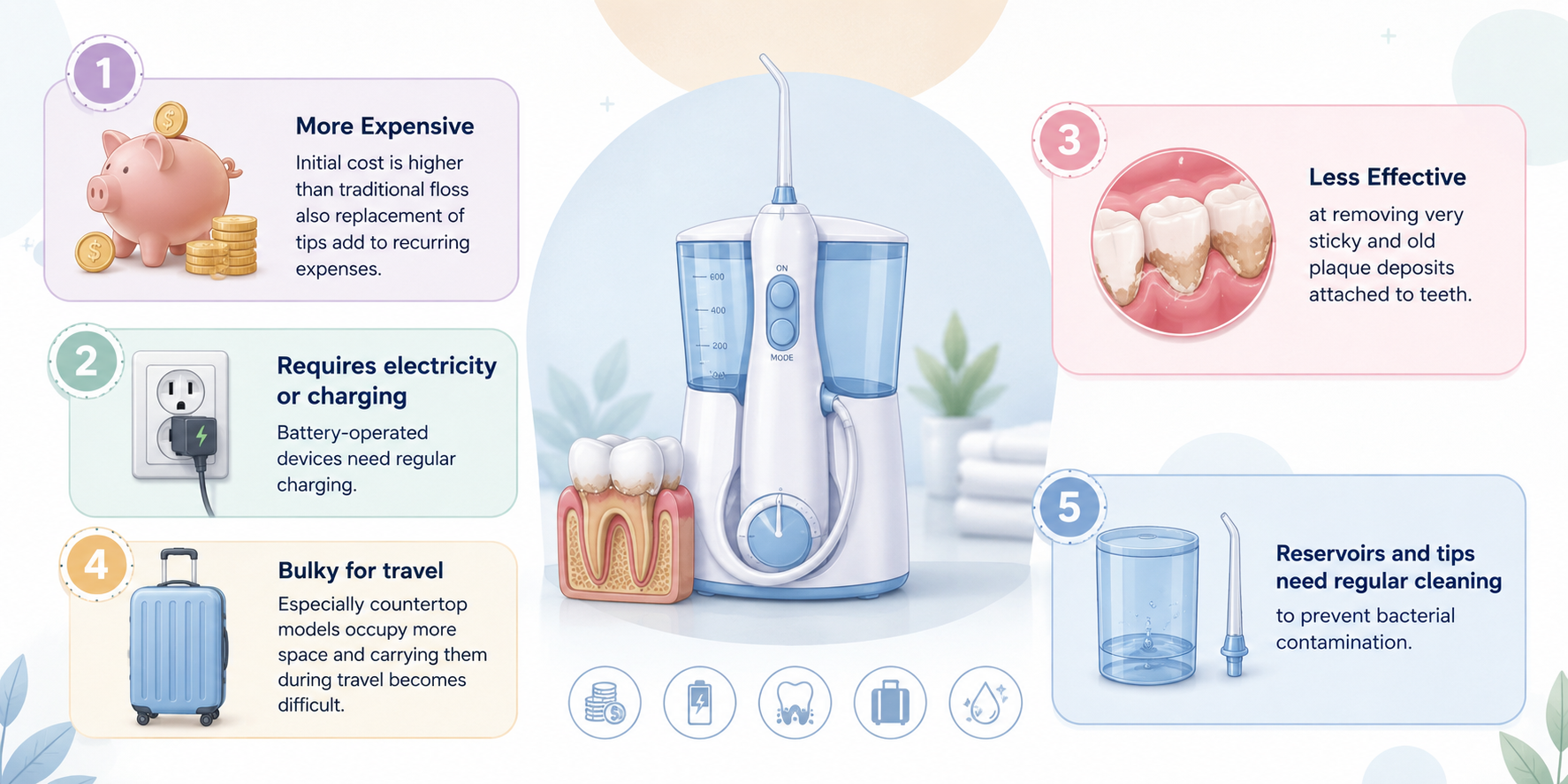 Illustration highlighting the cons of water flossers, including higher costs, charging needs, travel challenges, plaque removal limitations, and regular maintenance requirements.