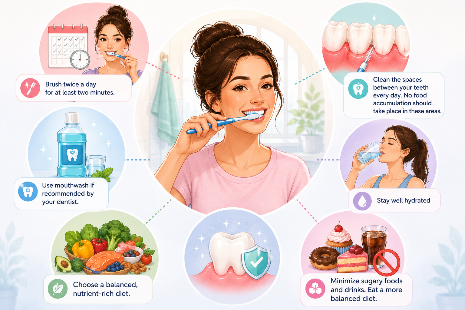 Medical illustration showing a daily gum care routine to help prevent itchy gums