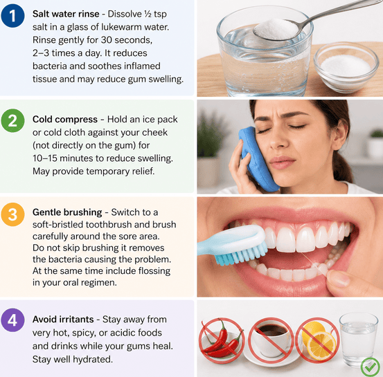 Infographic showing home remedies for gums swollen and painful, including a salt water rinse, cold compress on the cheek, gentle brushing with a soft-bristled toothbrush, and avoiding spicy, hot, or acidic foods while staying hydrated.