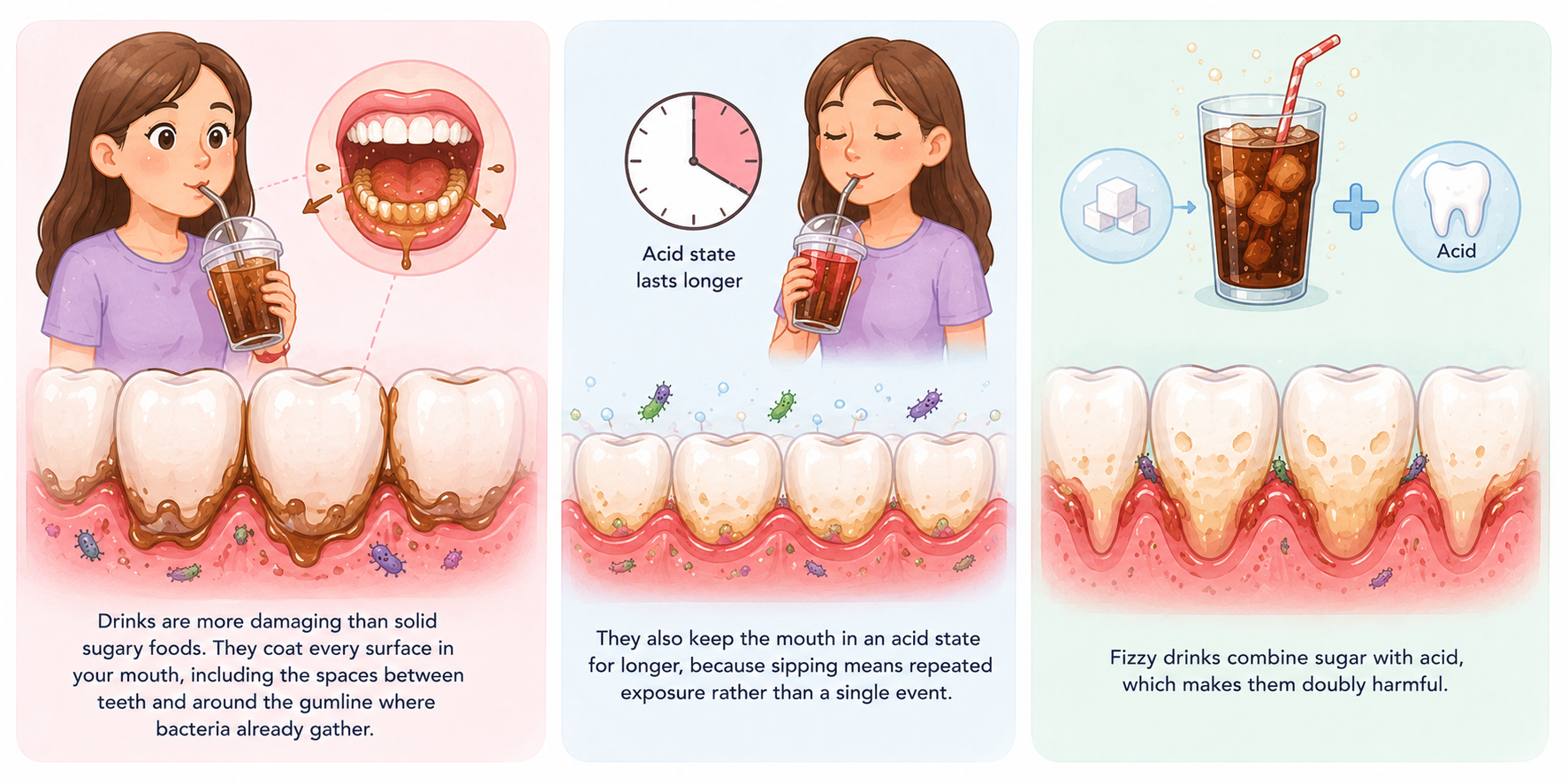 Medical infographic illustrating how sugary beverages coat the teeth and gumline, prolong acid exposure through repeated sipping, and combine sugar with acidity to explain Is Sugar the Main Cause of Gum Disease? and why sugary drinks can be especially damaging to oral health.