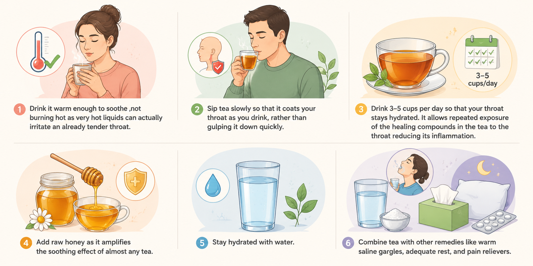 Medical illustration showing tips to maximize the benefits of tea for a sore throat, including drinking warm tea, sipping slowly, staying hydrated, adding honey, and combining tea with other remedies.