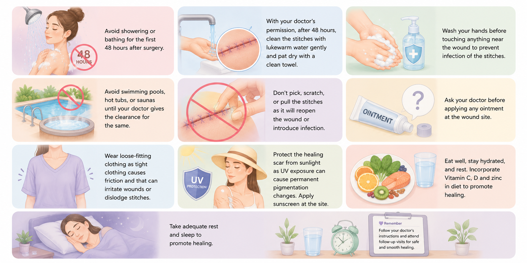 Medical illustration showing how to care for dissolvable stitches at home, including proper wound cleaning, hand hygiene, avoiding swimming, not picking stitches, wearing loose clothing, protecting the scar from sunlight, eating a nutrient-rich diet, staying hydrated, and getting adequate rest for faster healing.