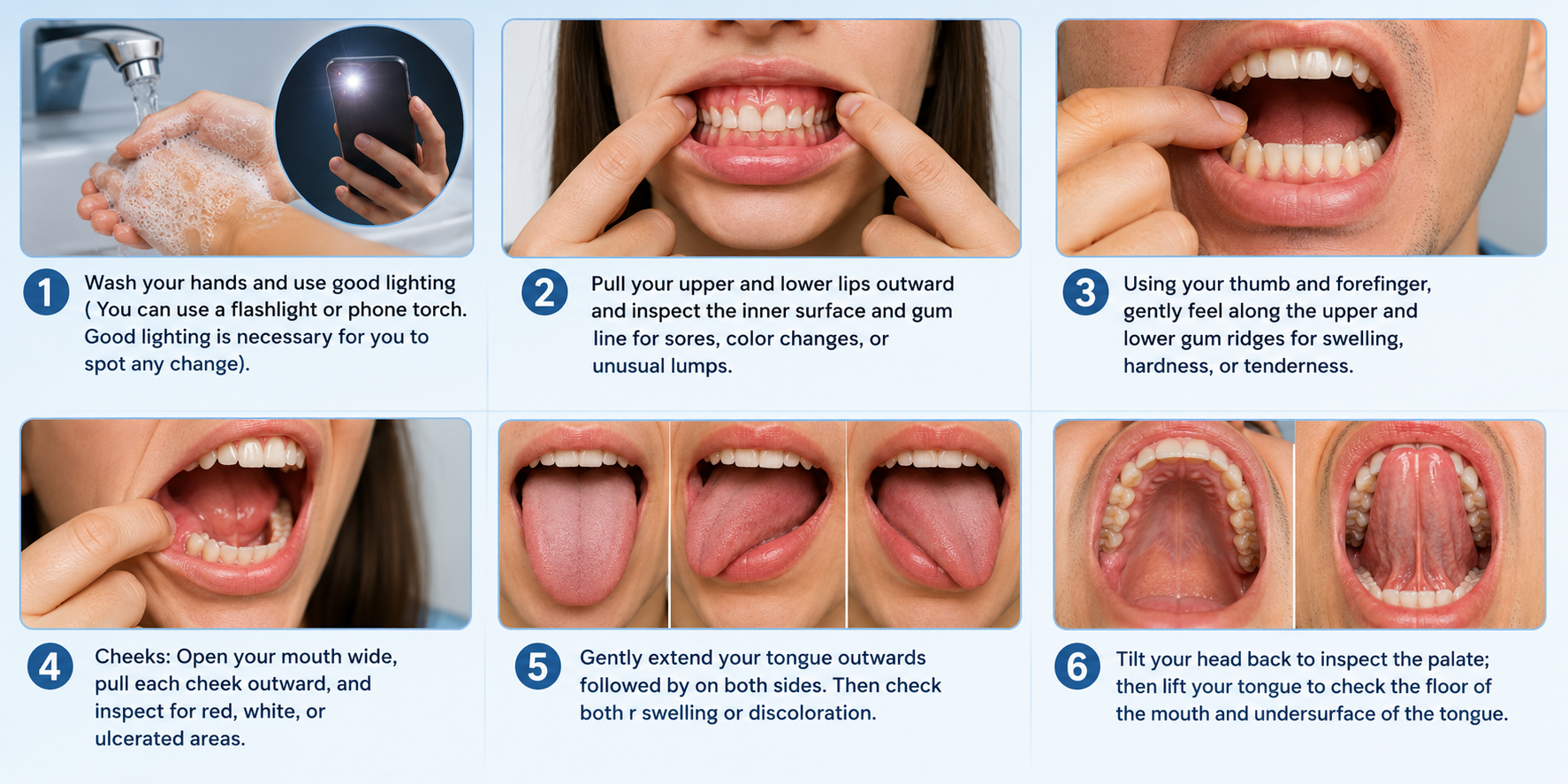 Step-by-step infographic demonstrating how to examine your gums at home.