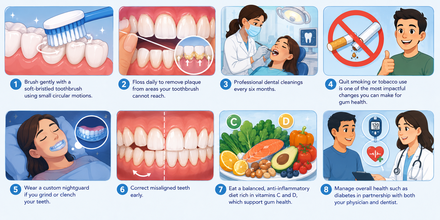 Infographic on gum recession prevention tips, including proper brushing, flossing, dental checkups, smoking cessation, healthy nutrition, and managing underlying health conditions.