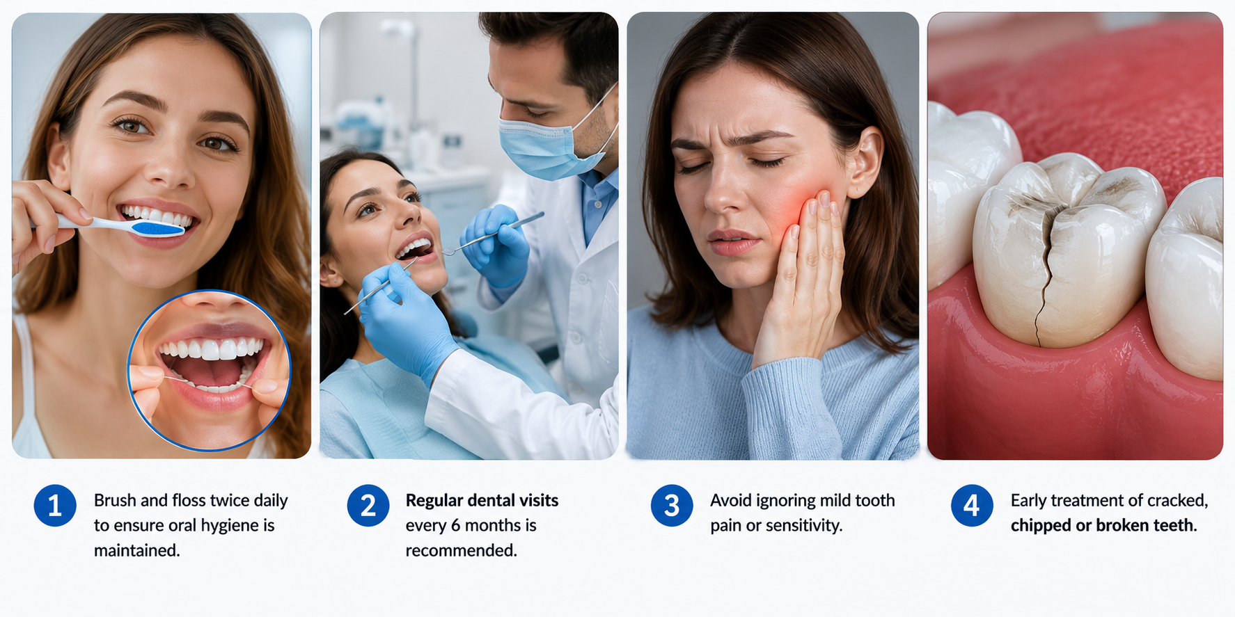 Infographic showing how to prevent a tooth infection from progressing through daily brushing and flossing, regular dental checkups, early attention to tooth pain, and prompt treatment of cracked or broken teeth.
