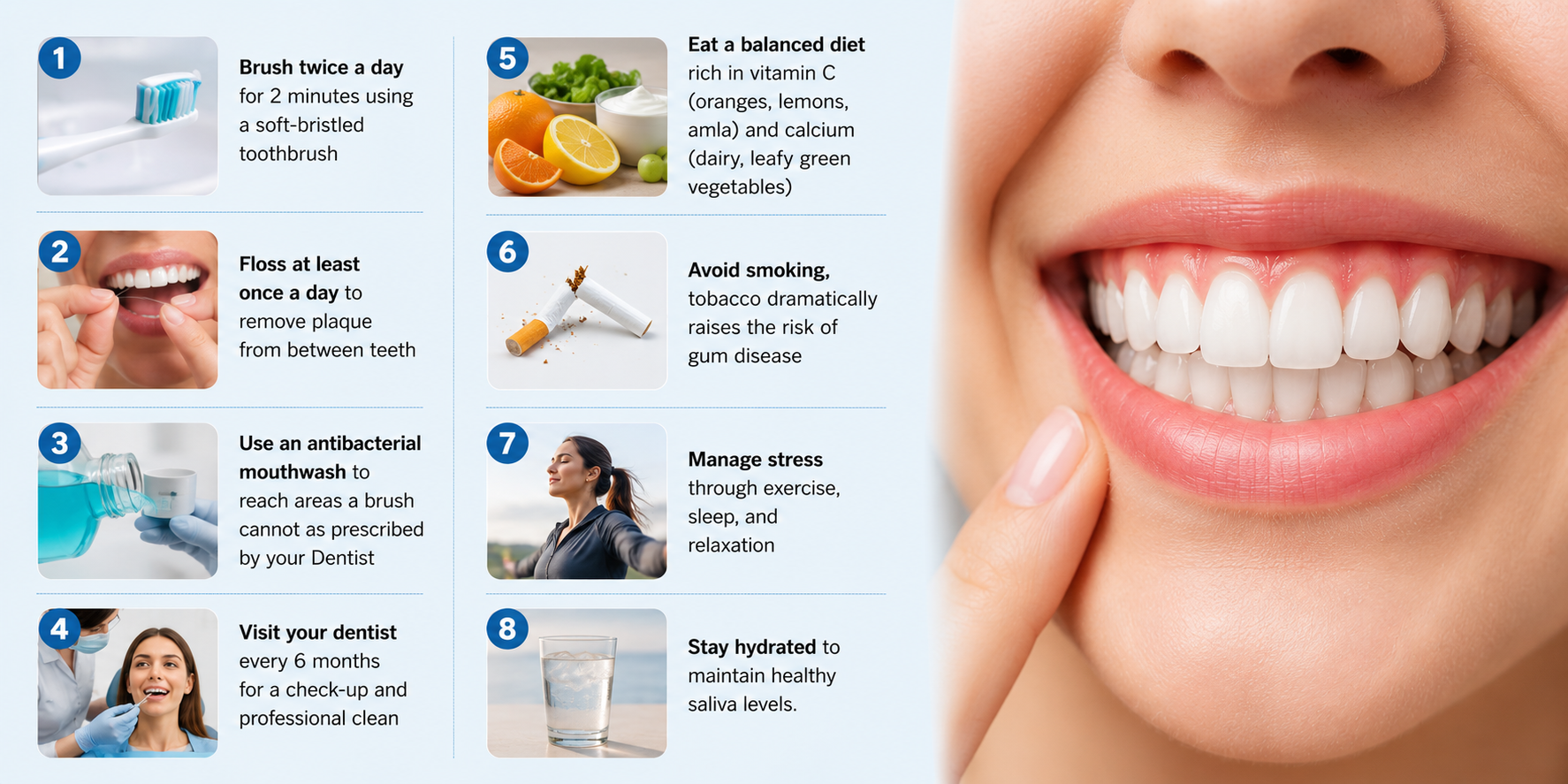 "Infographic showing how to prevent swollen gums through proper oral hygiene, including brushing twice daily, flossing, using antibacterial mouthwash, regular dental checkups, a balanced diet, avoiding smoking, managing stress, and staying hydrated."