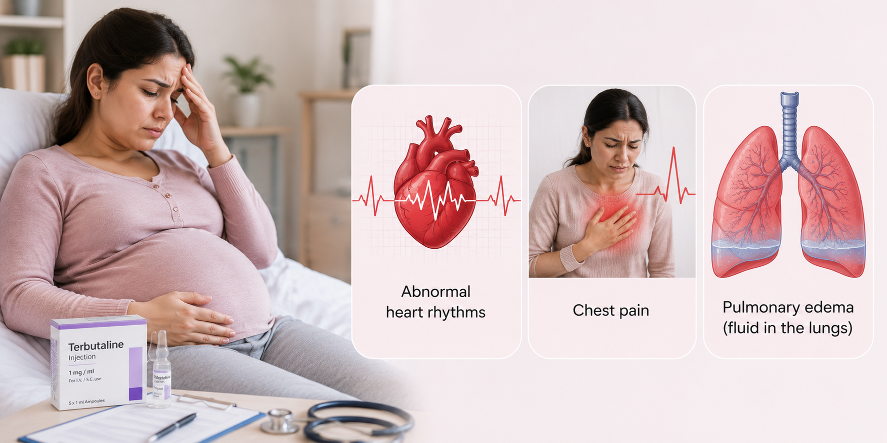 medical illustrations highlighting serious maternal side effects associated with prolonged terbutaline use