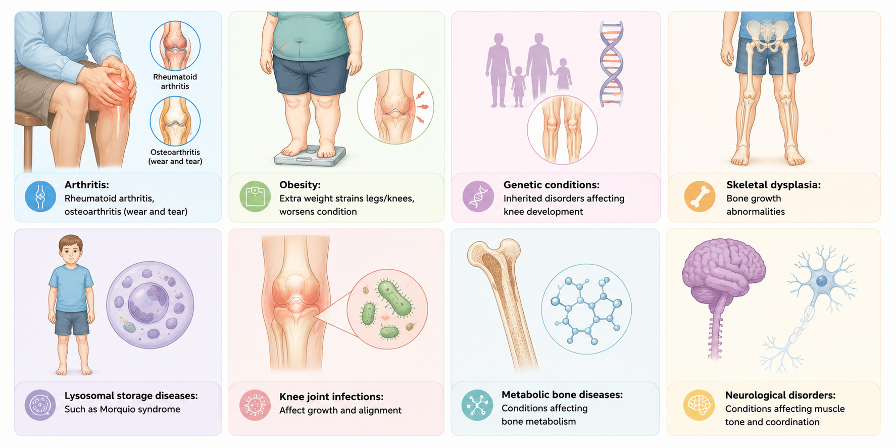 Educational infographic illustrating medical conditions associated with Knock Knees (genu valgum).