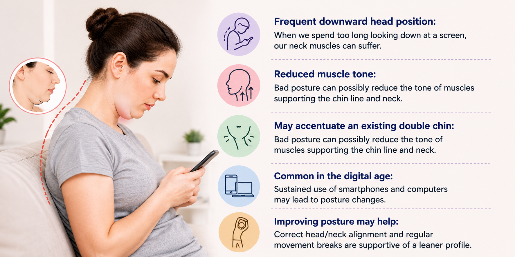 Poor Posture and Double Chin: Infographic showing how poor posture and frequent downward head position can contribute to a double chin by reducing muscle tone, affecting neck alignment, and emphasizing chin fullness.