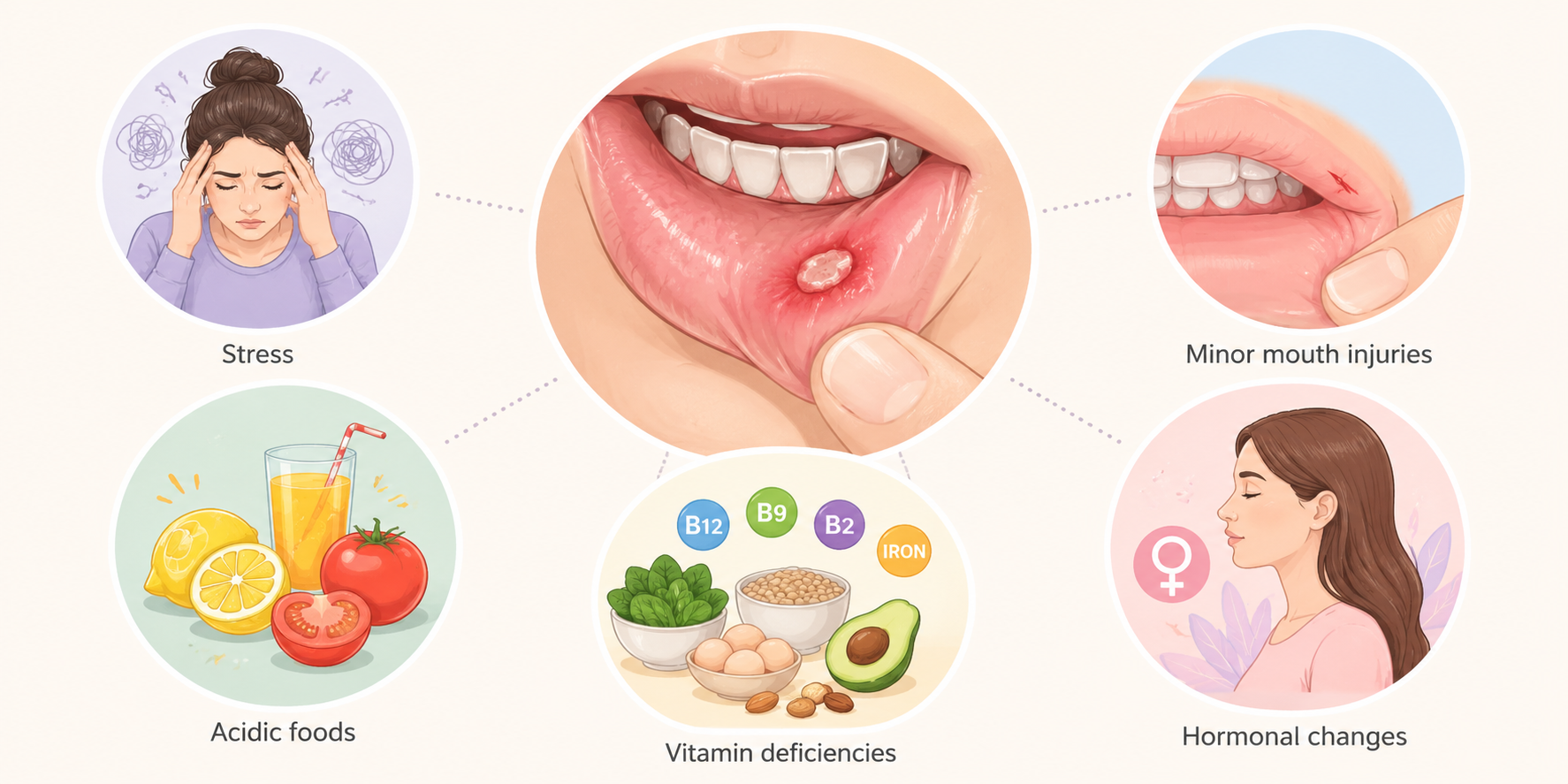 Medical illustration showing common causes of White Spots on Gums, including canker sores (aphthous ulcers), stress, minor mouth injuries, acidic foods, vitamin deficiencies, and hormonal changes, presented in a soft pastel infographic style.