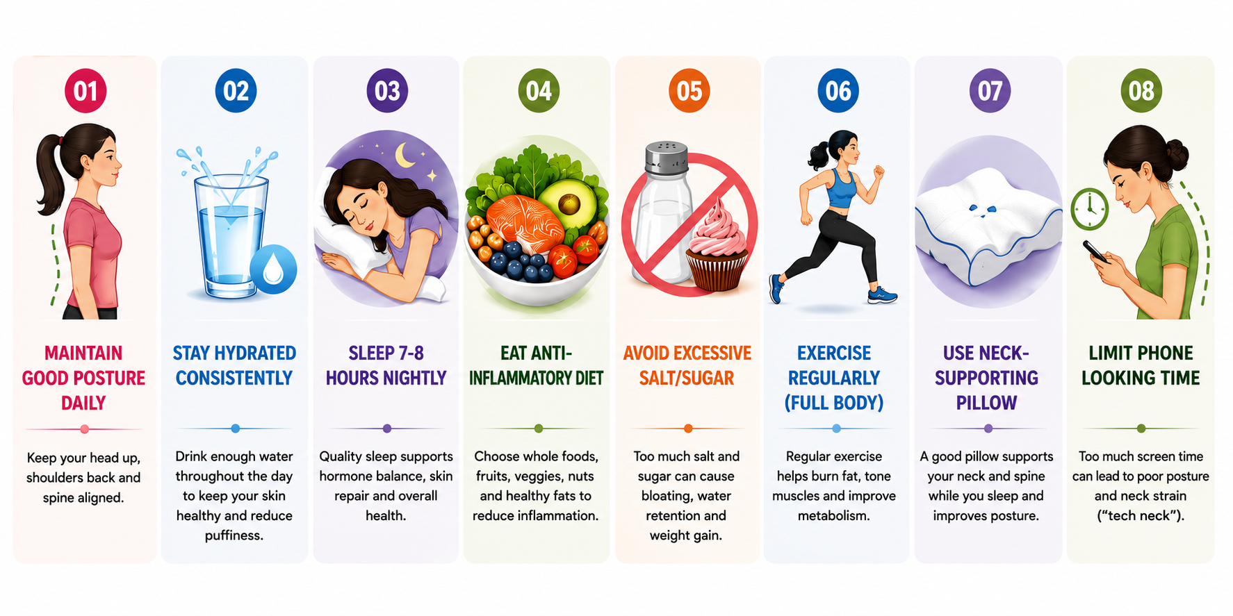 Illustration showing eight prevention tips for maintaining overall wellness and reducing facial puffiness