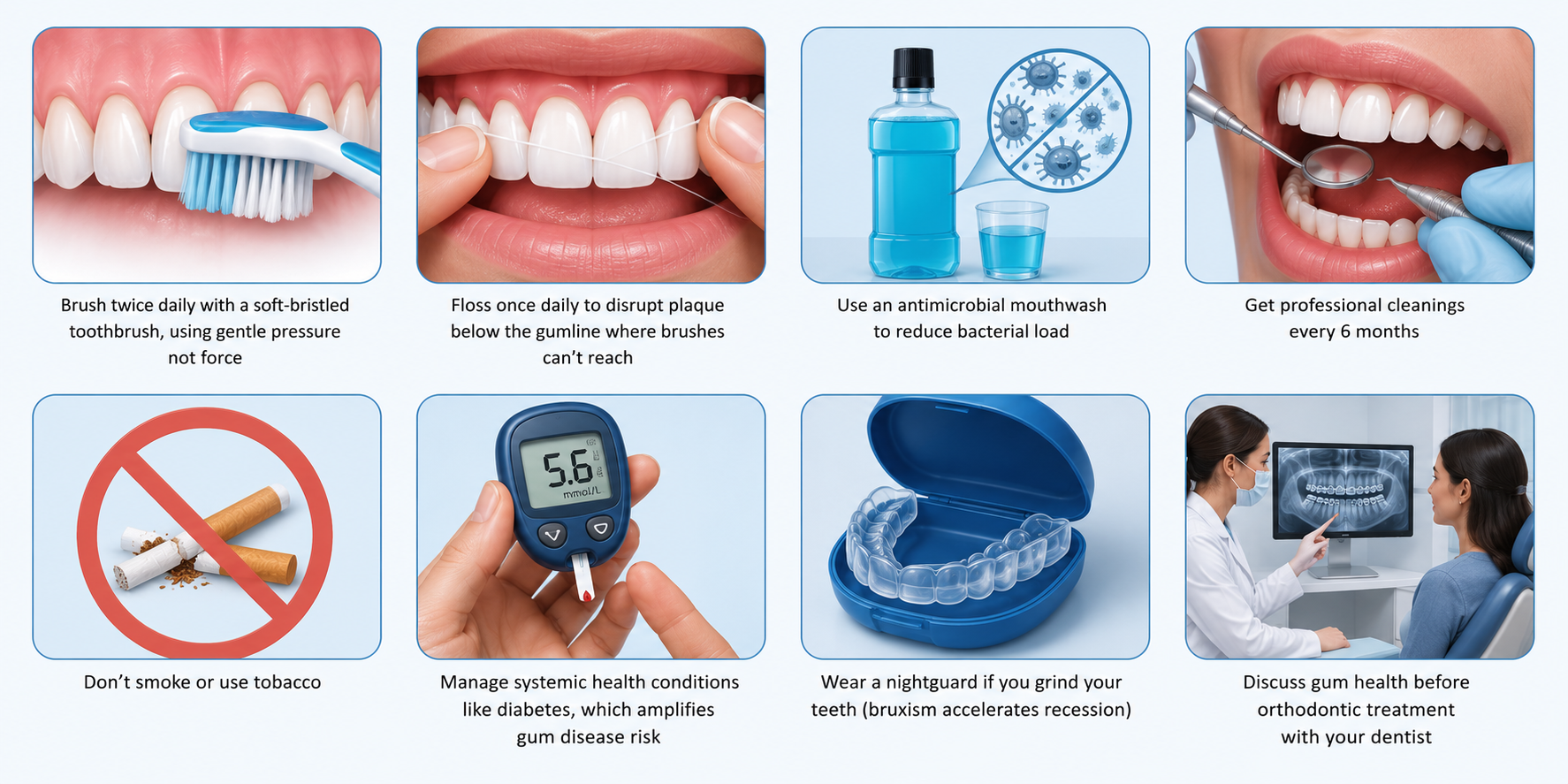 Gum Disease vs Gum Recession prevention infographic highlighting effective strategies such as gentle brushing, daily flossing, antimicrobial mouthwash use, professional dental cleanings, avoiding tobacco, managing diabetes, wearing a nightguard for teeth grinding, and consulting a dentist about gum health.