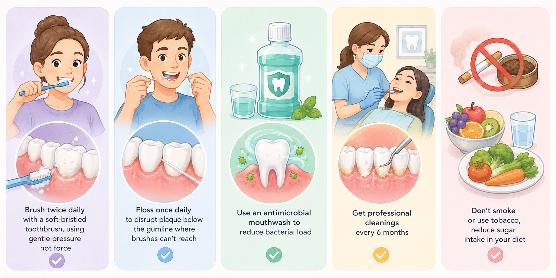 Illustrated guide showing effective strategies to prevent gum disease. addressing the question: Is Sugar the Main Cause of Gum Disease? by highlighting what actually works to protect gum health.