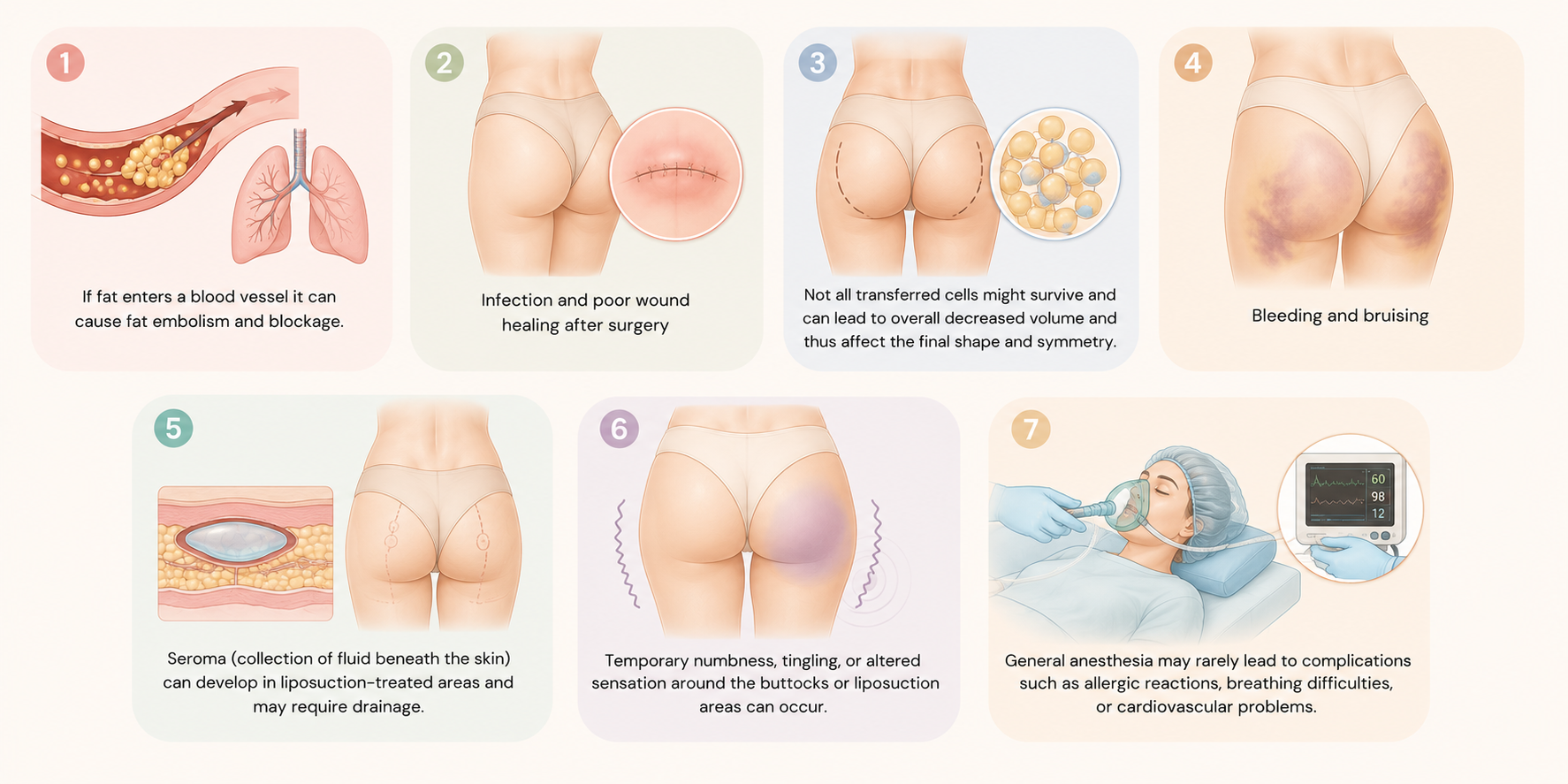 Medical infographic illustrating the risks and complications associated with a Brazilian Butt Lift (BBL)