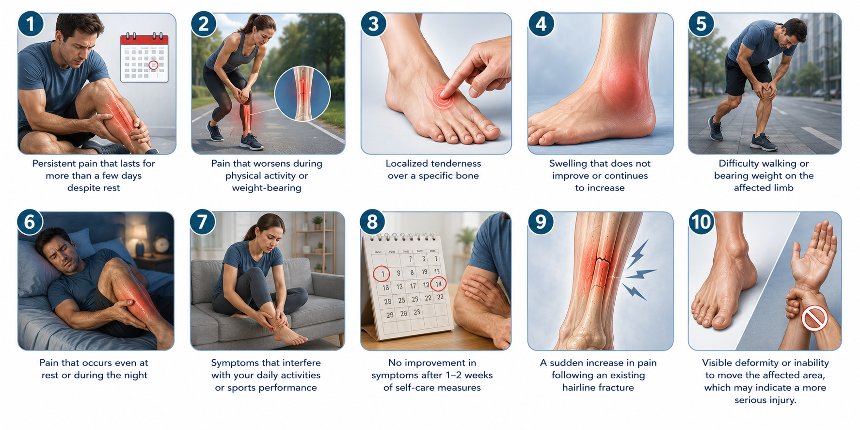 Infographic showing 10 signs to seek medical attention for a hairline fracture.