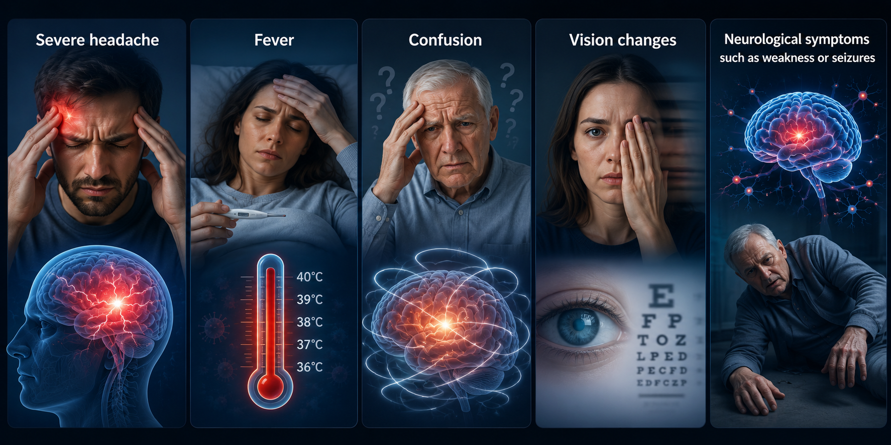 Medical illustration depicting warning signs of brain complications from a severe tooth infection, including headache, fever, confusion, blurred vision, and seizures.