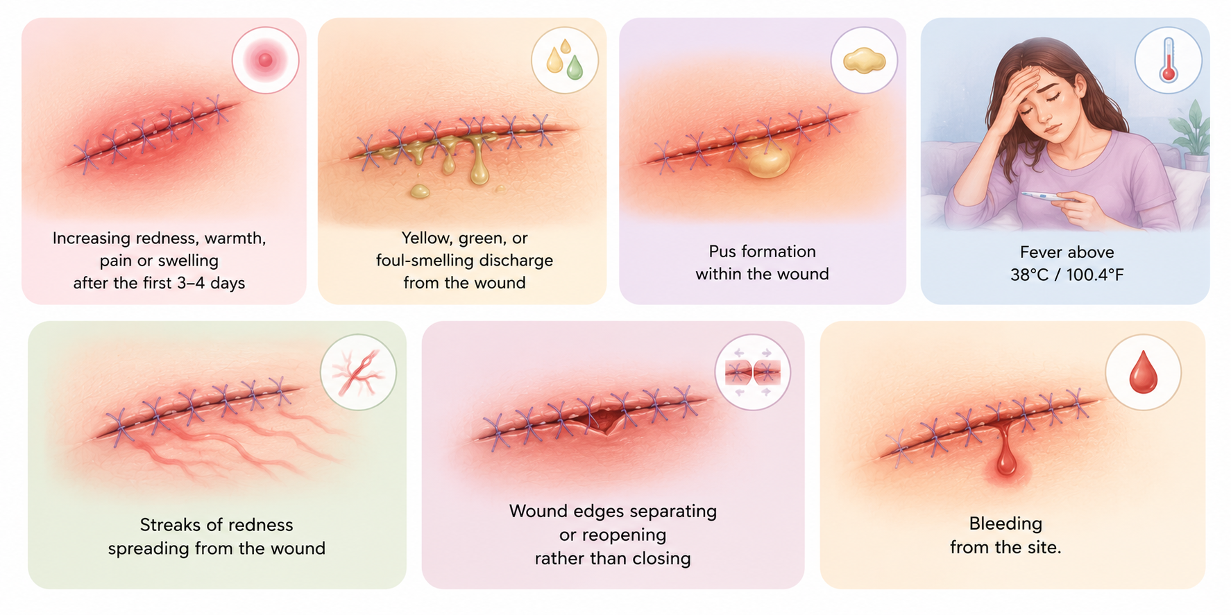 Medical illustration showing signs of infection in dissolvable stitches, including increasing redness, swelling, pus, discharge, fever, wound reopening, red streaks, and bleeding from the wound site.