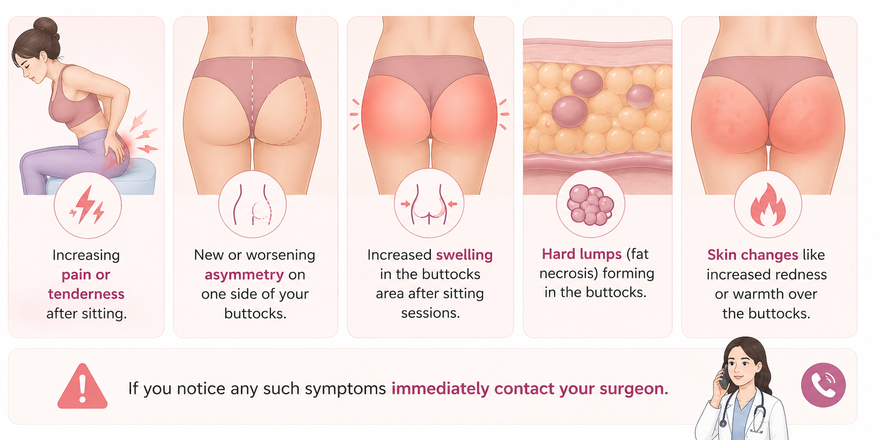 Medical illustration showing signs of sitting too soon after a BBL, including increasing pain or tenderness, asymmetry, swelling, hard lumps from fat necrosis, skin redness or warmth, and advice to contact a surgeon immediately.