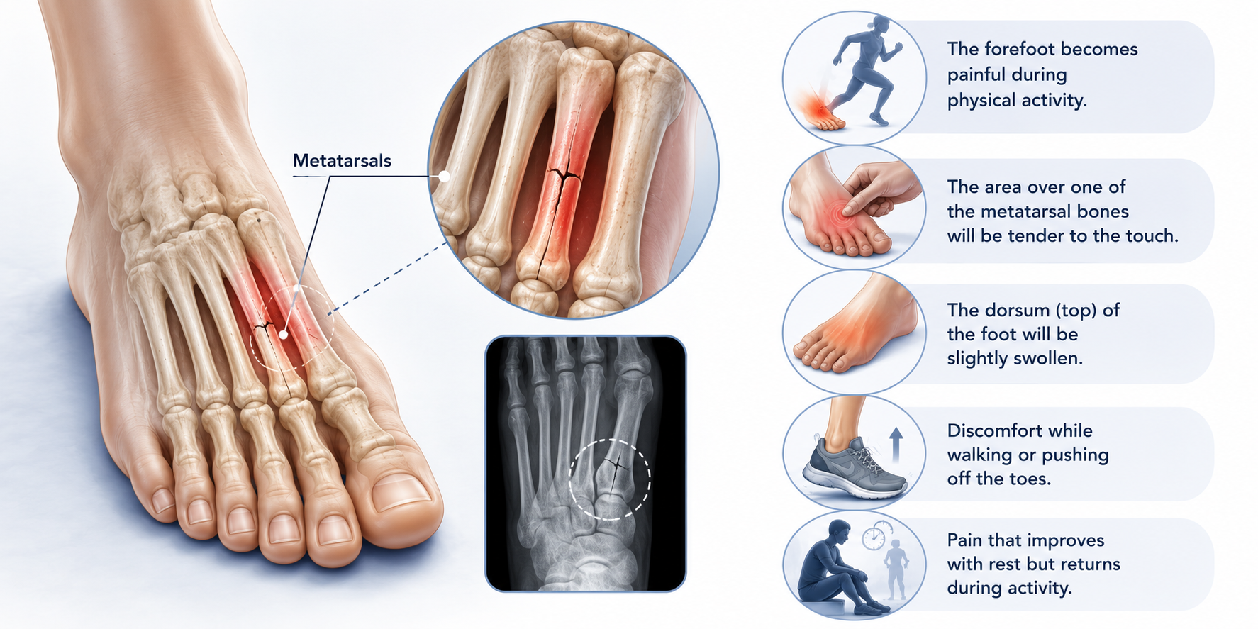 Medical infographic showing symptoms of a hairline fracture in the metatarsal bone