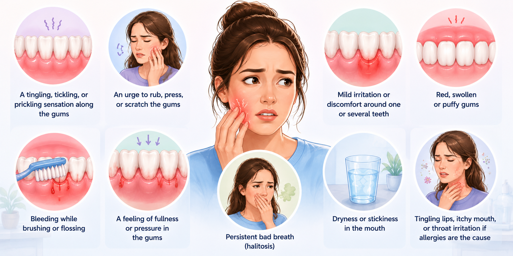Medical illustration showing common symptoms of itchy gums
