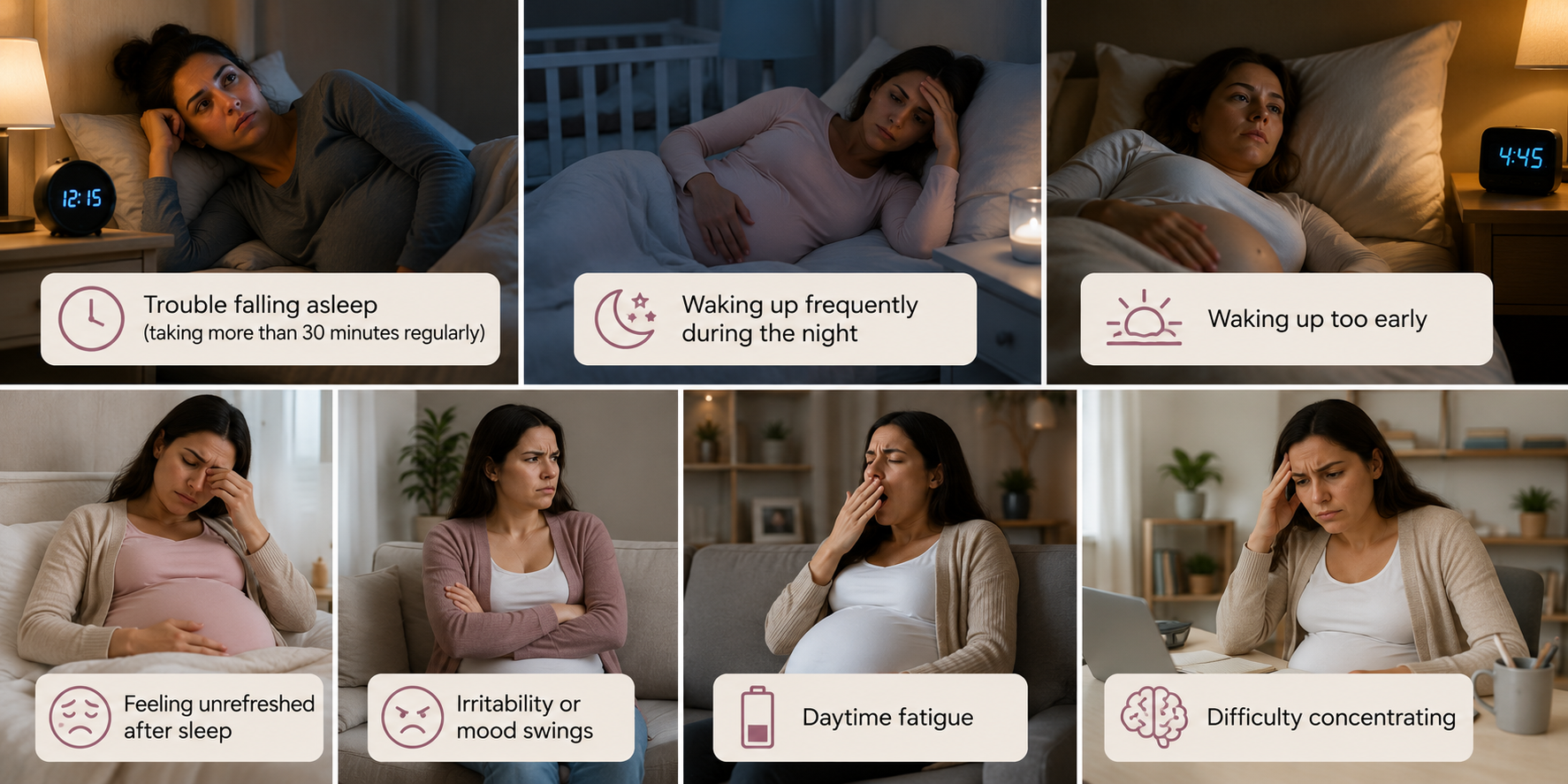 Symptoms of pregnancy insomnia including trouble falling asleep, frequent nighttime waking, waking too early, feeling unrefreshed after sleep, irritability, daytime fatigue, and difficulty concentrating in a pregnant woman.