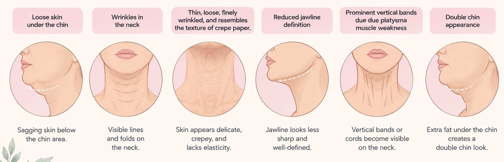 Symptoms of Turkey Neck including loose skin under the chin, neck wrinkles, crepey skin, reduced jawline definition, prominent platysma bands, and double chin appearance.