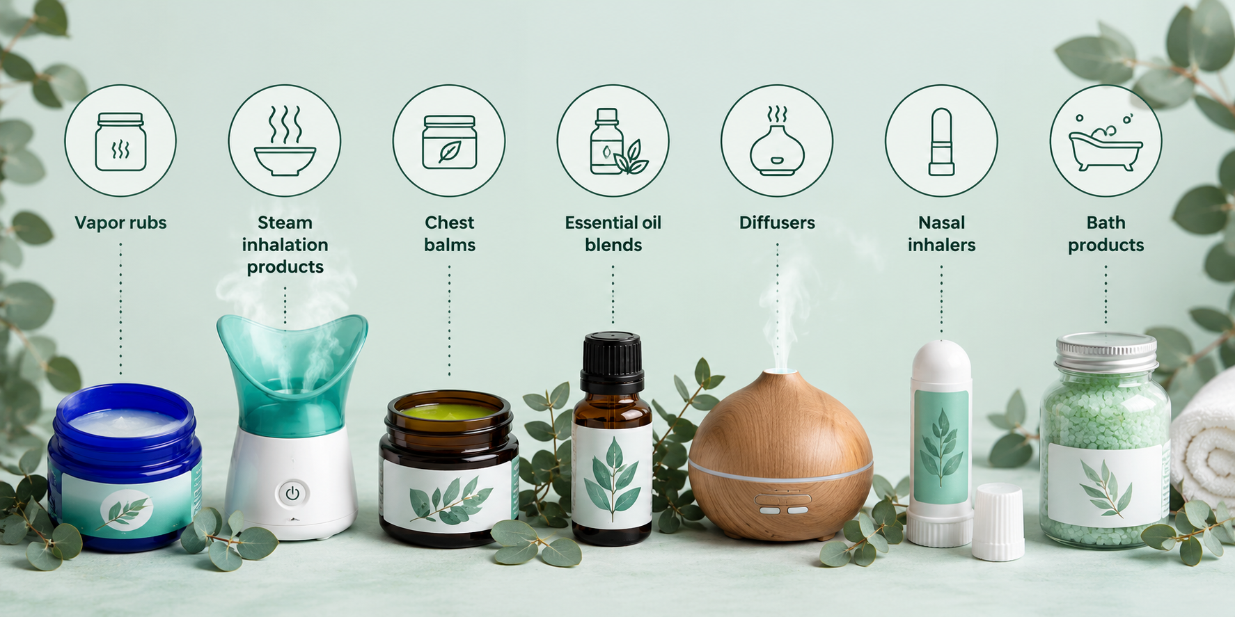 Eucalyptus oil is available in a variety of everyday products designed to support easier breathing and soothe congestion. Whether you prefer steam inhalation, vapor rubs, diffusers, or chest balms, there's an option to fit your comfort and routine.
