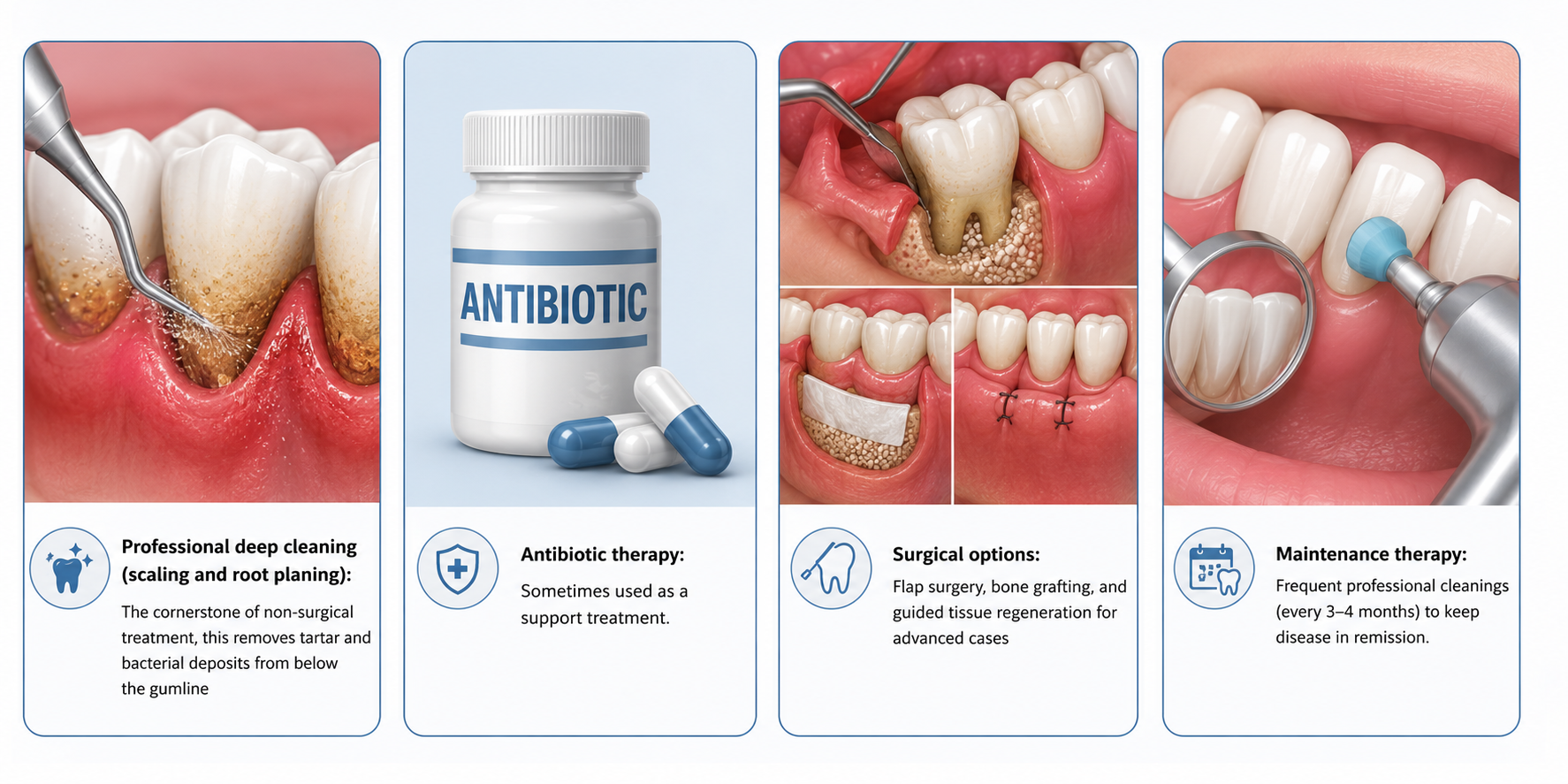 Gum Disease vs Gum Recession treatment infographic showing professional scaling and root planing, antibiotic therapy, periodontal surgery including bone grafting and tissue regeneration, and ongoing maintenance therapy to control infection and protect gum health.